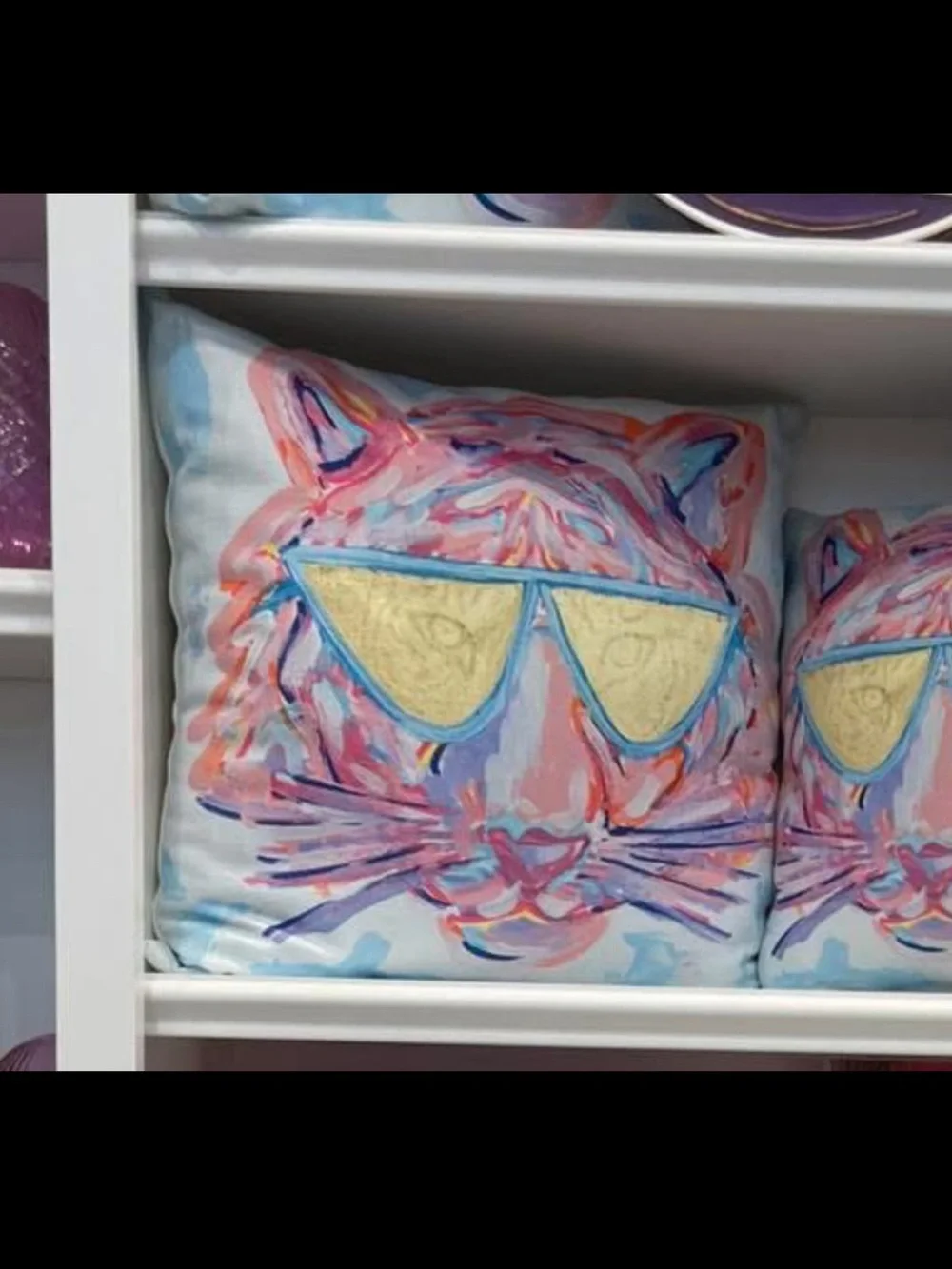 Colorful Tiger Face Pillow with Gold Sunglasses